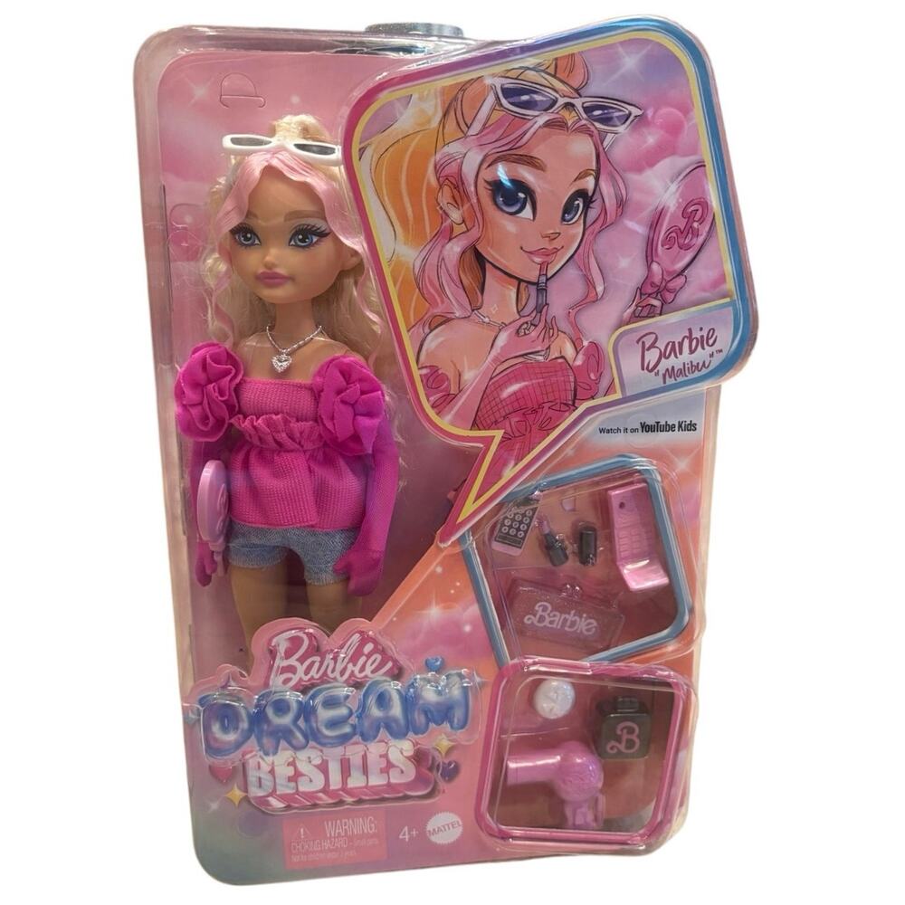 NIB Barbie Dream Besties Playset “Malibu” Doll with 11 Makeup & Hair Accessories